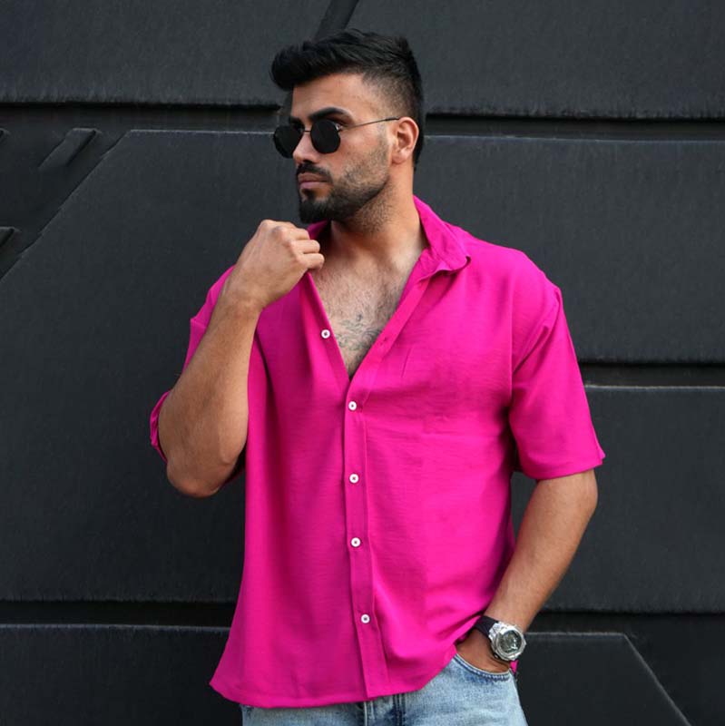پیراهن آستین کوتاه صورتی مردانه مدل باکسی