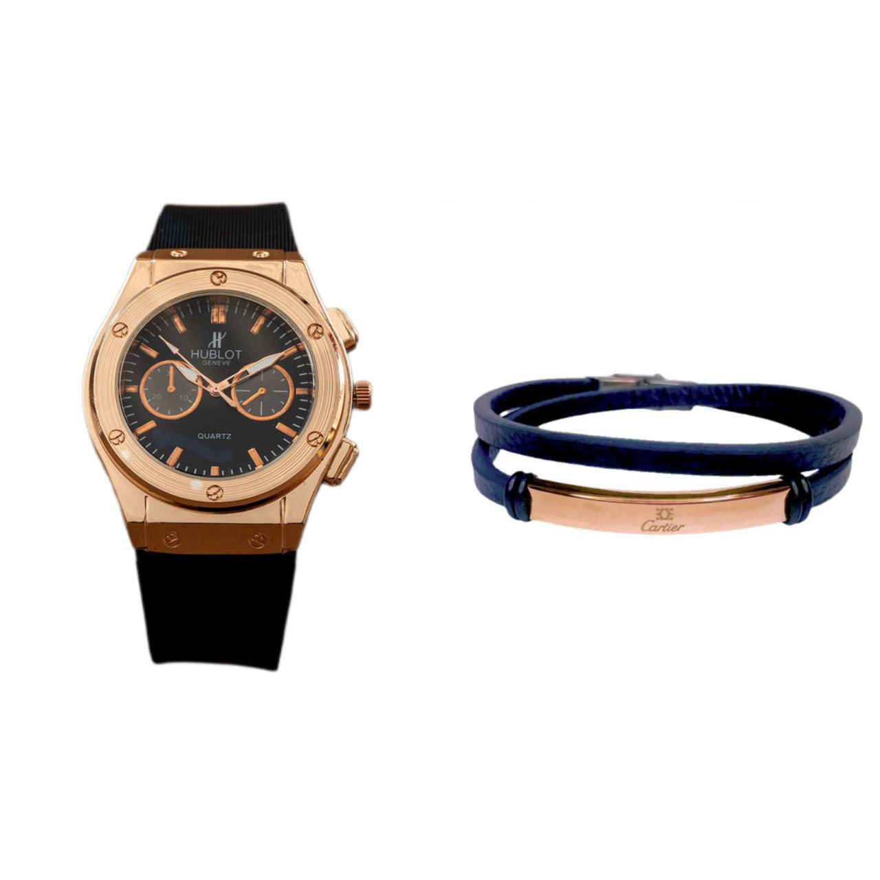 پکیج دستبند پلاک دارساعت مچی Hublot طلایی مدل C70