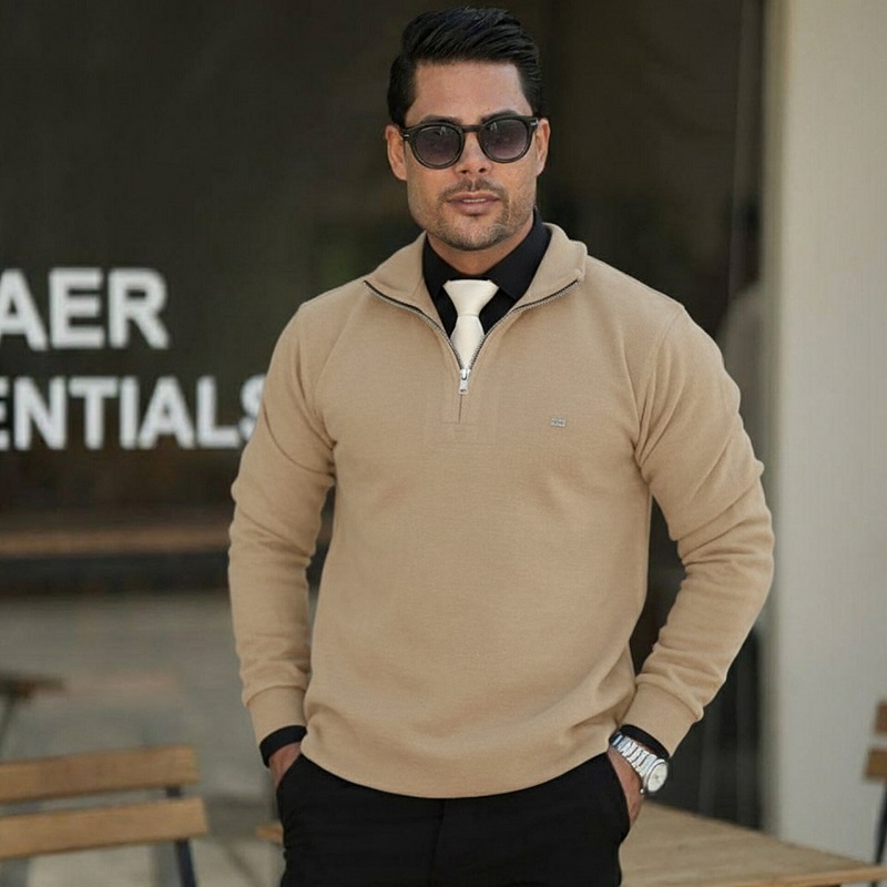 پکیج دورس مردانه نیم زیپ مدل Behbod-کرم  پیراهن مردانه مشکی VQ