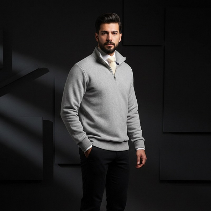 پکیج دورس مردانه نیم زیپ مدل Behbod-طوسی  پیراهن مردانه سفید VQویژه